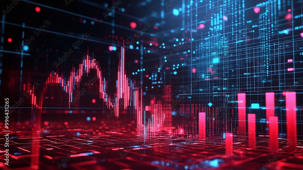 Poster futuristic data visualizations with vibrant red and blue colors representing complex digital informa