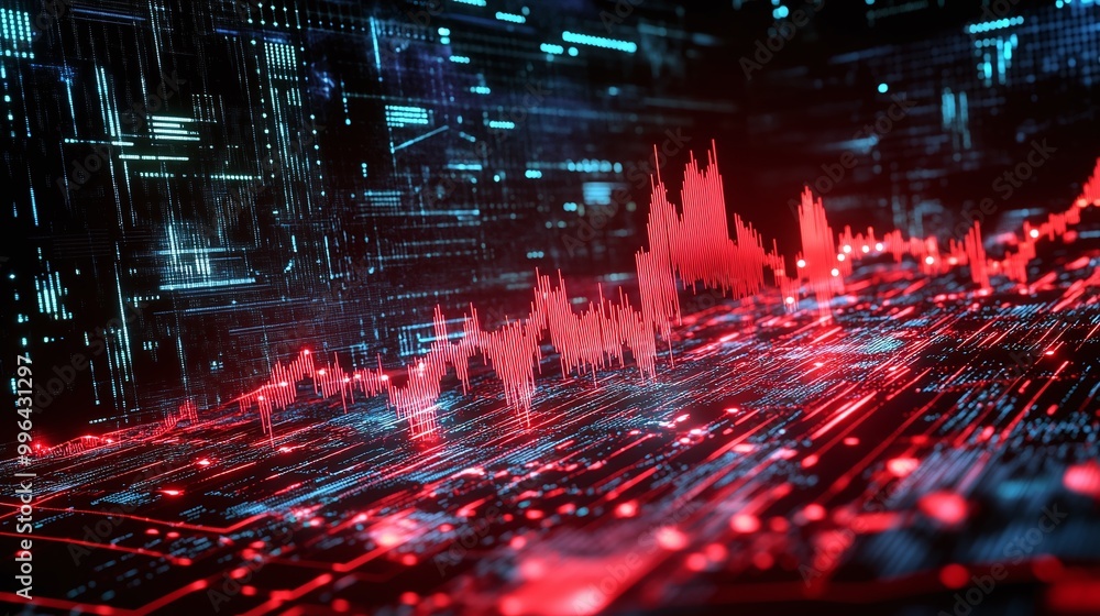 Poster futuristic data visualization with vibrant red and blue waveforms on a digital background.