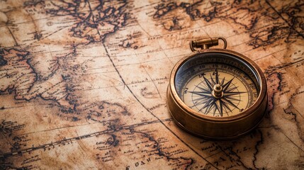 An ancient compass on a historical map, showcasing navigation tools used by explorers of the past.