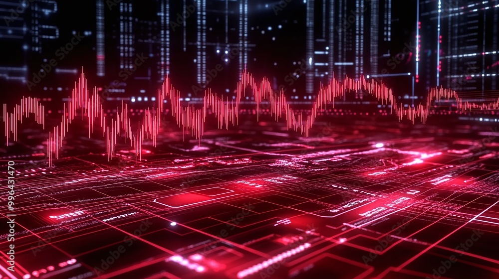 Poster futuristic digital abstract with red data visualization and glowing circuit design elements.