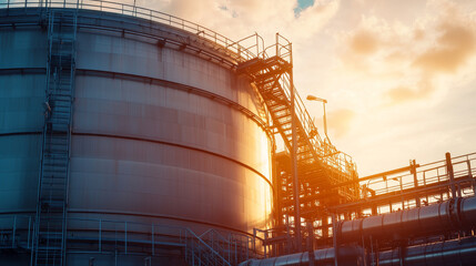 A massive industrial storage tank surrounded by piping and machinery, bathed in the warm glow of sunset, showcasing modern infrastructure.

