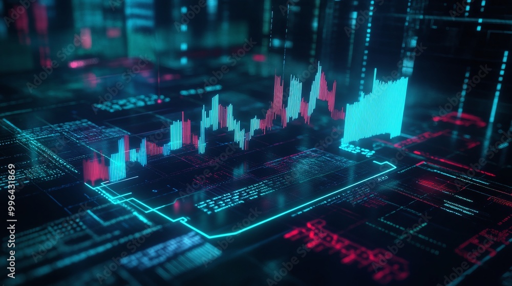 Poster futuristic digital chart representing data analytics and financial trends, with vibrant neon colors 