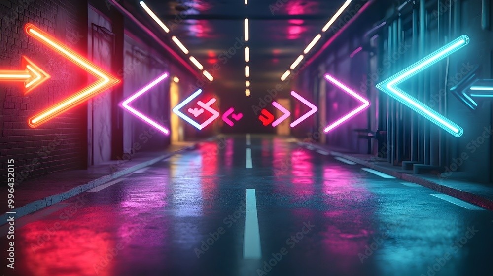 Poster glowing neon arrows symbolizing dynamic choices and directions on dark background