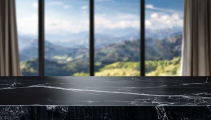 Fototapeta premium Black marble tabletop on panoramic window background. Stone countertop for luxury beauty products and food presentation. view from the window. window in the city