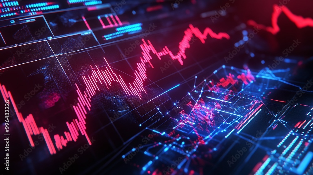 Poster futuristic digital data analysis interface showcasing vibrant graphs and charts on a dark background