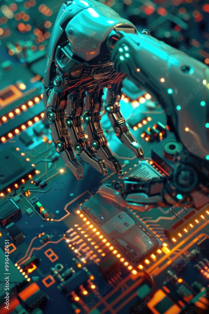 Poster a close-up of a robot's mechanical hand holding a circuit board, suitable for technology or automati