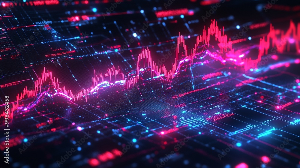 Poster futuristic digital data visualization in vibrant colors, depicting a dynamic graph and network analy