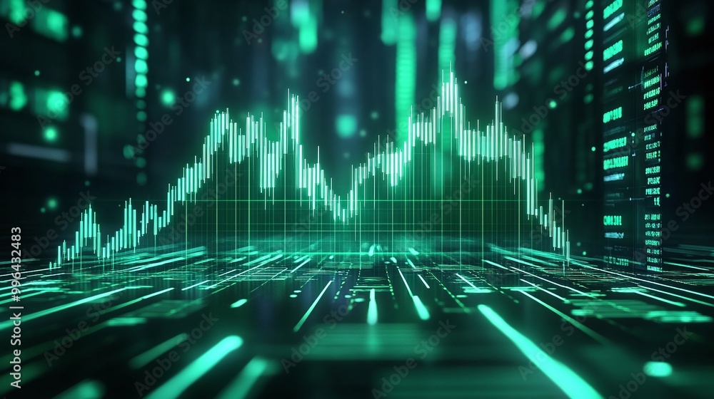 Poster futuristic digital data visualization with a green graph on a dark background, representing market a