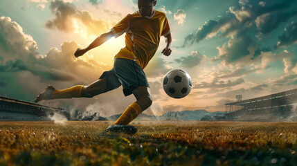 football player in action, kicking the ball on a grassy field with a dramatic sunset sky in the background.