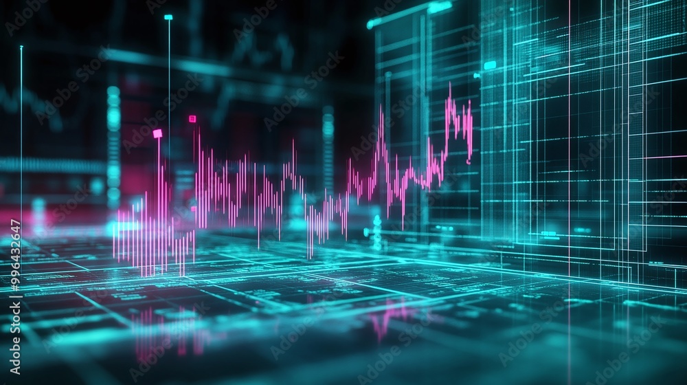 Poster futuristic digital data visualization with colorful graphs and charts on a dark background showcasin