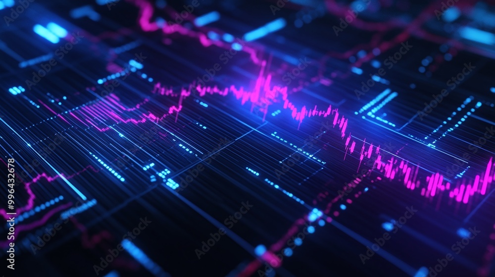 Poster futuristic digital data visualization with dynamic graphs and glowing elements on a dark background.