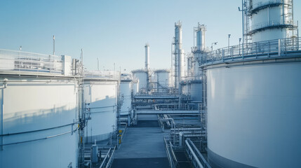 Obraz premium A large industrial facility with multiple white storage tanks and extensive pipeline systems, set against a clear blue sky, showcasing modern infrastructure.