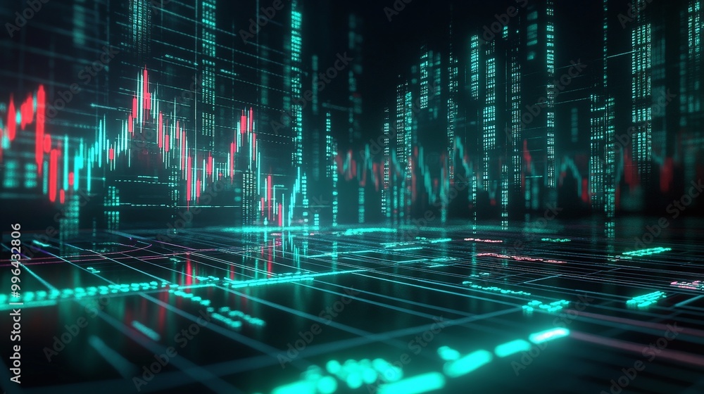 Poster futuristic digital data visualization with glowing graphs and statistics against a dark background.