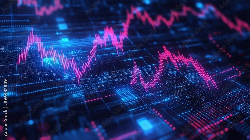 Poster futuristic digital data visualization with glowing graphs in blue and pink, representing analytics a