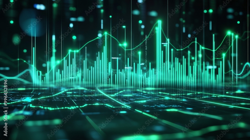 Poster futuristic digital data visualization with glowing green lines and charts over a dark background.