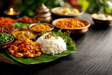 Delicious Indian meal on a banana leaf with rice and various curries in traditional bowls.