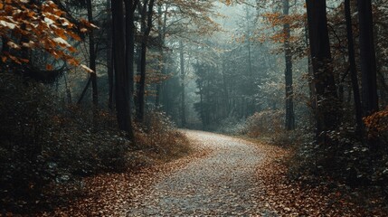 Naklejka premium An empty forest path winding through trees, with the ground covered in a thick layer of leaves, leading the eye into the wilderness.