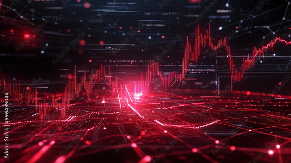 Poster futuristic digital data visualization with glowing red graphs and grids representing financial trend