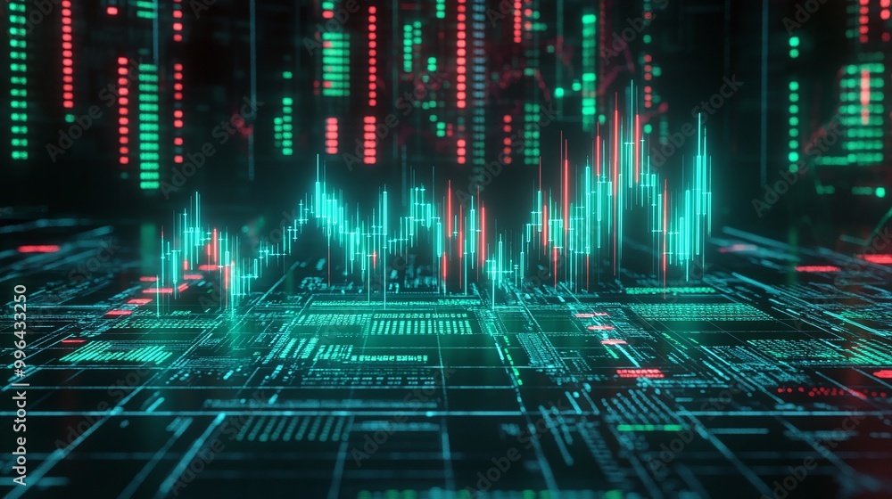 Poster futuristic digital data visualization with green and red elements on a dark background, representing
