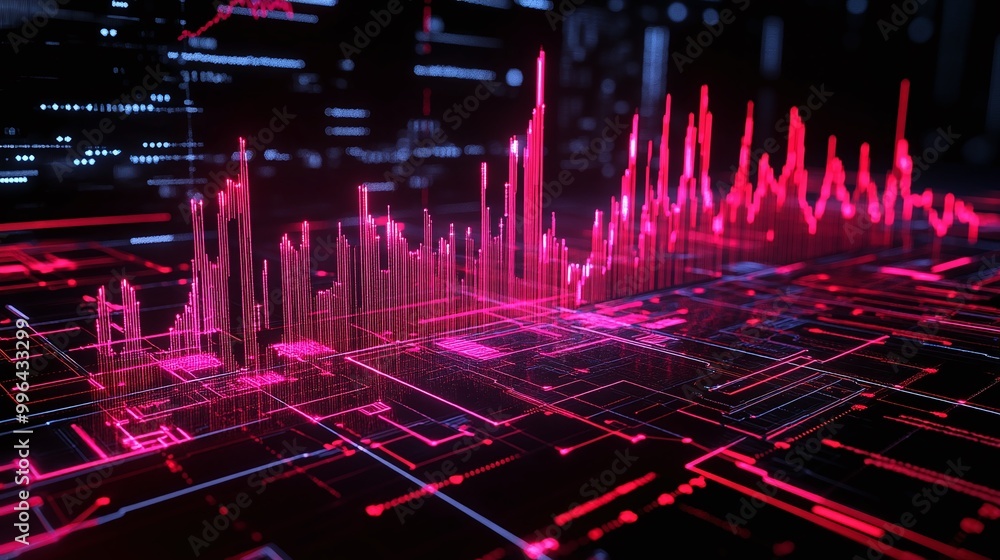 Poster futuristic digital data visualization with pink peaks representing analytics and trends on a dark gr