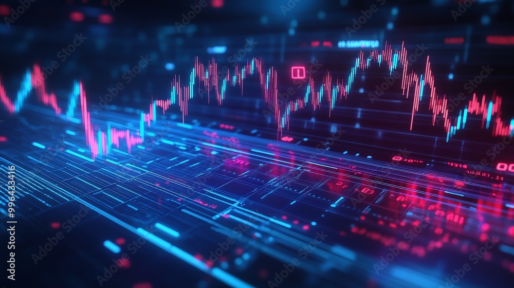 Aufkleber futuristic digital data visualization with vibrant graphs and charts, representing market trends and