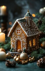 A gingerbread house adorned with festive ornaments sits on a table surrounded by green spruce