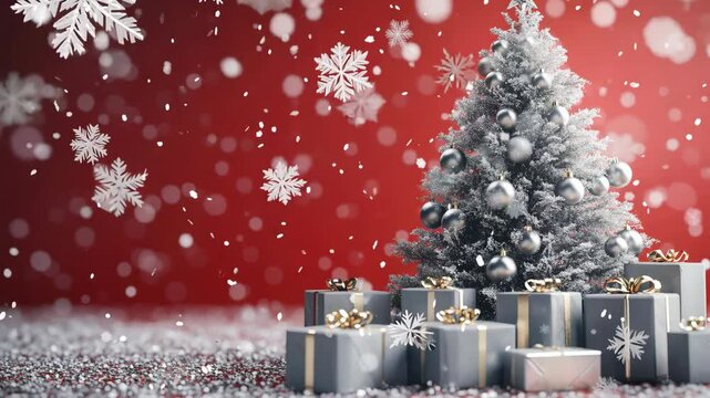 A silver and gold Christmas tree with silver and white ornaments, surrounded by gray-wrapped gifts.