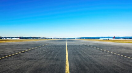 Fototapeta premium An empty runway at an airport, with planes parked in the distance under a clear blue sky.