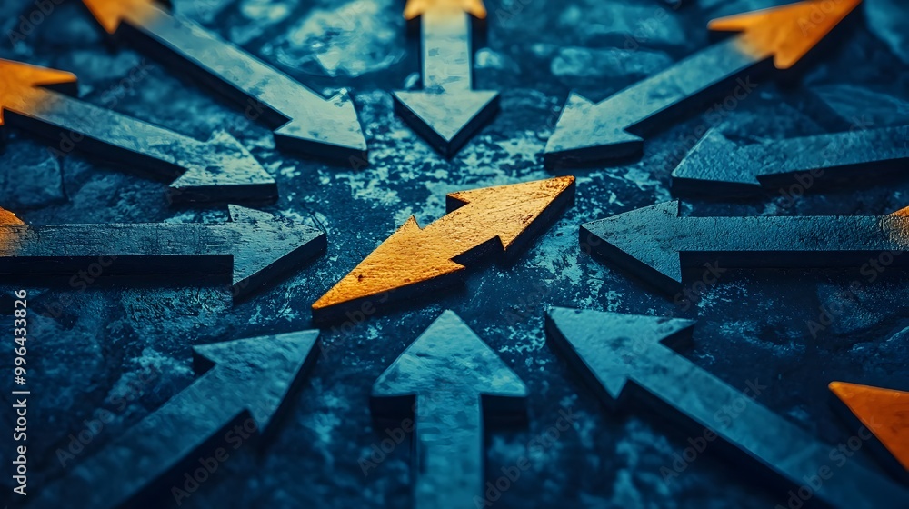 Poster converging arrows symbolizing teamwork and collaborative effort towards a common goal
