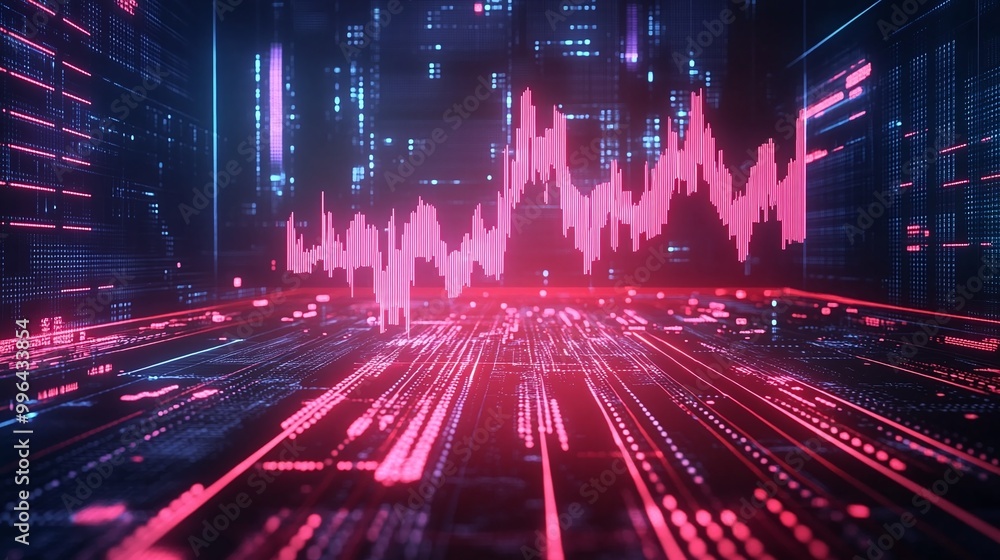 Poster futuristic digital data visualization with vibrant pink lines representing data streams and graphs.