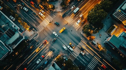 An overhead shot of a busy intersection featuring multiple traffic lights, with streams of cars and pedestrians navigating through the city.