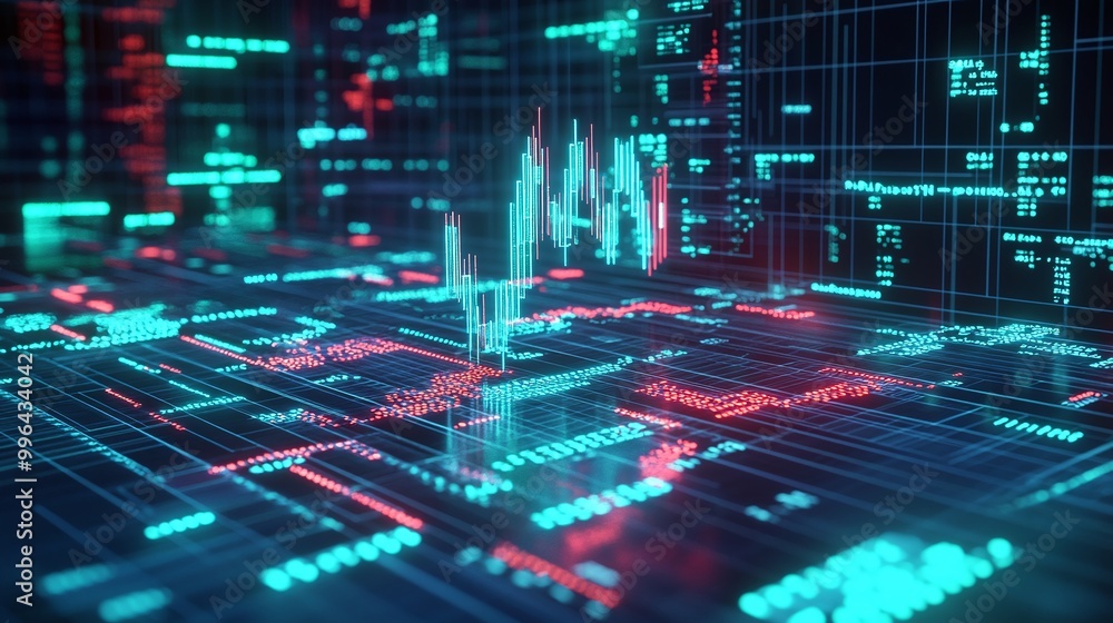 Aufkleber futuristic digital financial chart with glowing data visualization in neon colors.