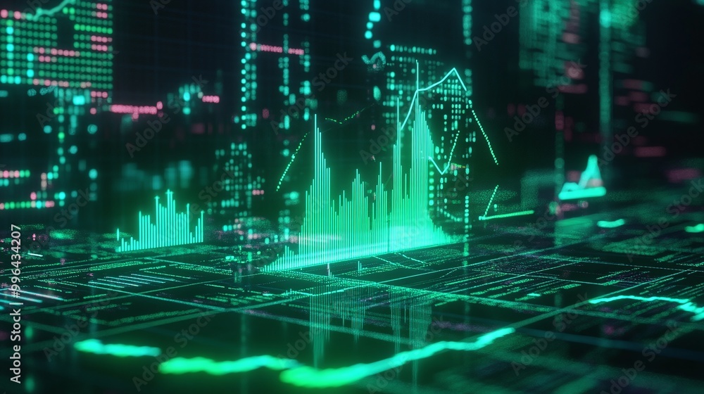 Poster futuristic digital financial data visualization with glowing green graphs and numbers on a dark back