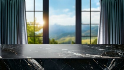 Black marble tabletop on panoramic window background. Stone countertop for luxury beauty products and food presentation. view from the window. window in the city