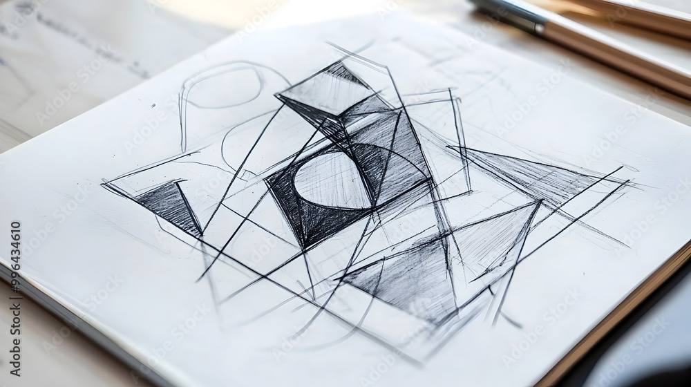Poster minimalist geometric shapes in abstract notebook drawing representing modern art