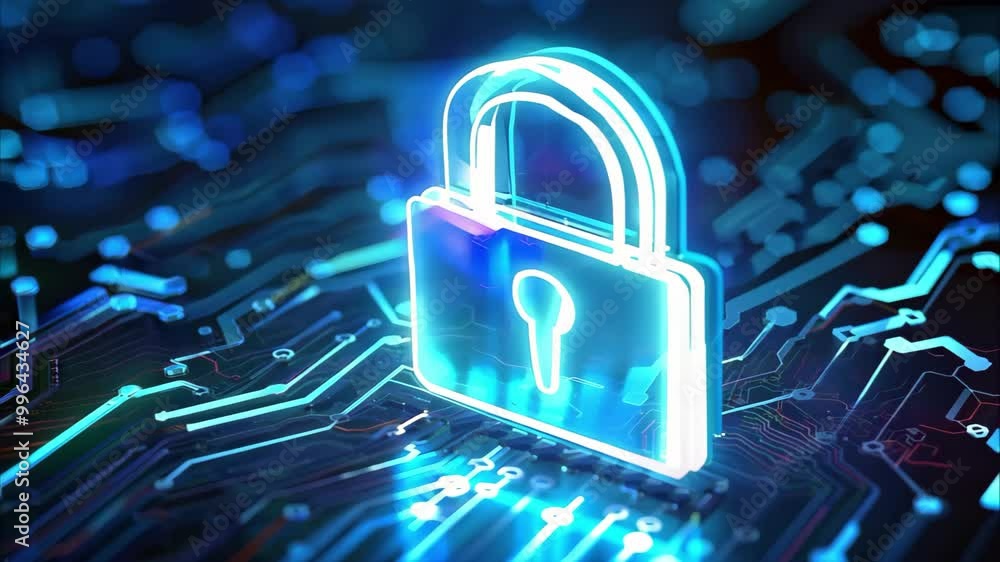 Poster a digital padlock icon representing cybersecurity, set against a backdrop of circuit board patterns 