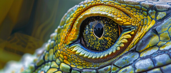 Naklejka premium This is an extreme closeup image that captures a lizards eye, featuring a striking yellow pupil that draws the viewers attention