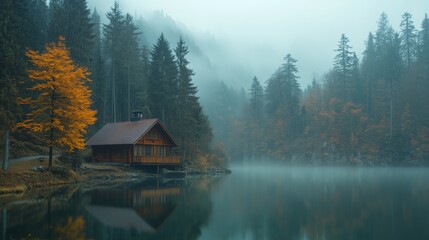 Fototapeta premium A cabin in the dense forest overlooking an alpine lake, foggy and rainy weather