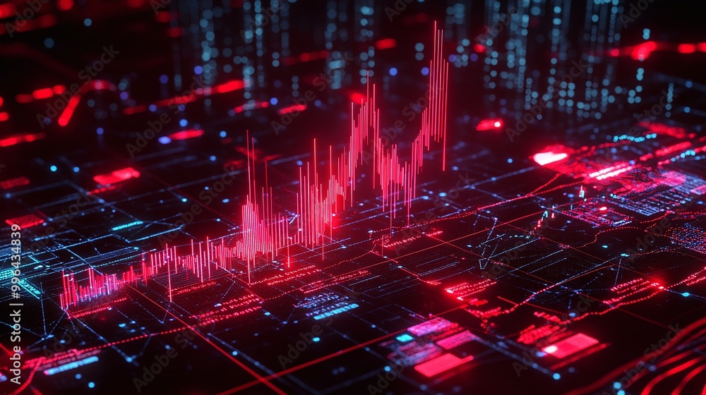 Poster futuristic digital graph visualization with red and blue neon lights representing advanced data anal