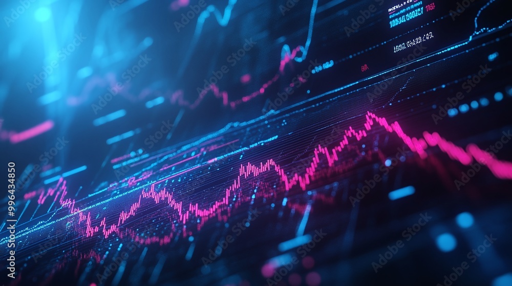 Poster futuristic digital graph visualization displaying stock market trends and data analysis in vibrant c