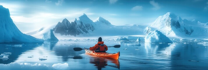 A kayaker boating in sea water with iceberg.
