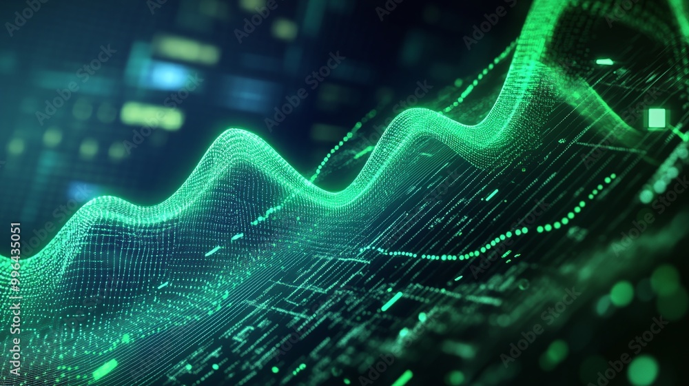 Poster futuristic digital graph with green glowing lines overlaid on a high-tech background.