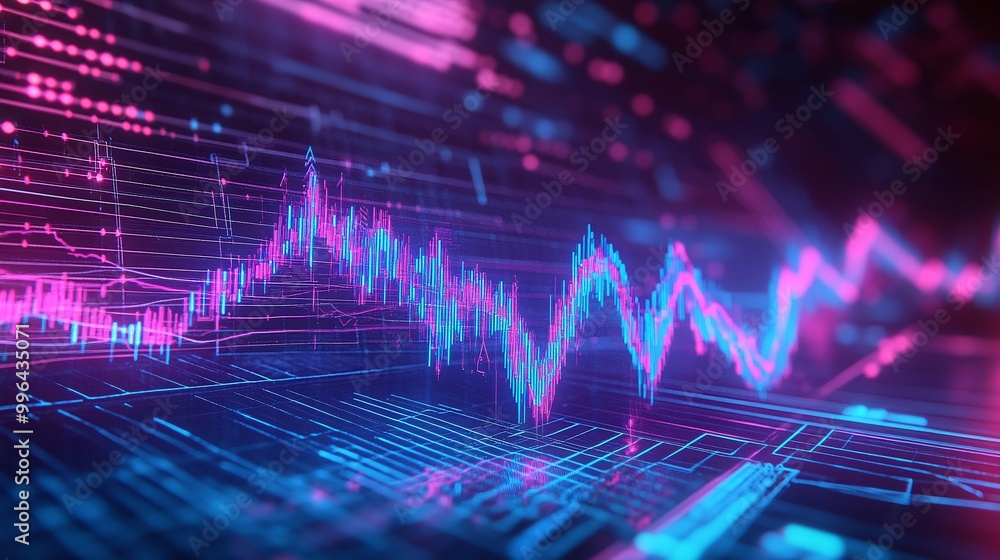 Poster futuristic digital graph with neon colors, showcasing data trends and fluctuations in a tech-inspire