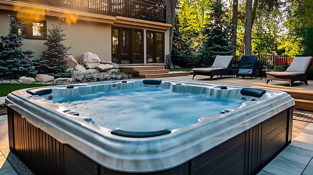 Outdoor hot tub in a backyard surrounded by trees, showcasing relaxation, luxury, and modern home amenities in a serene environment.

