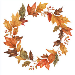 Watercolor autumn leaf wreath frame on white background