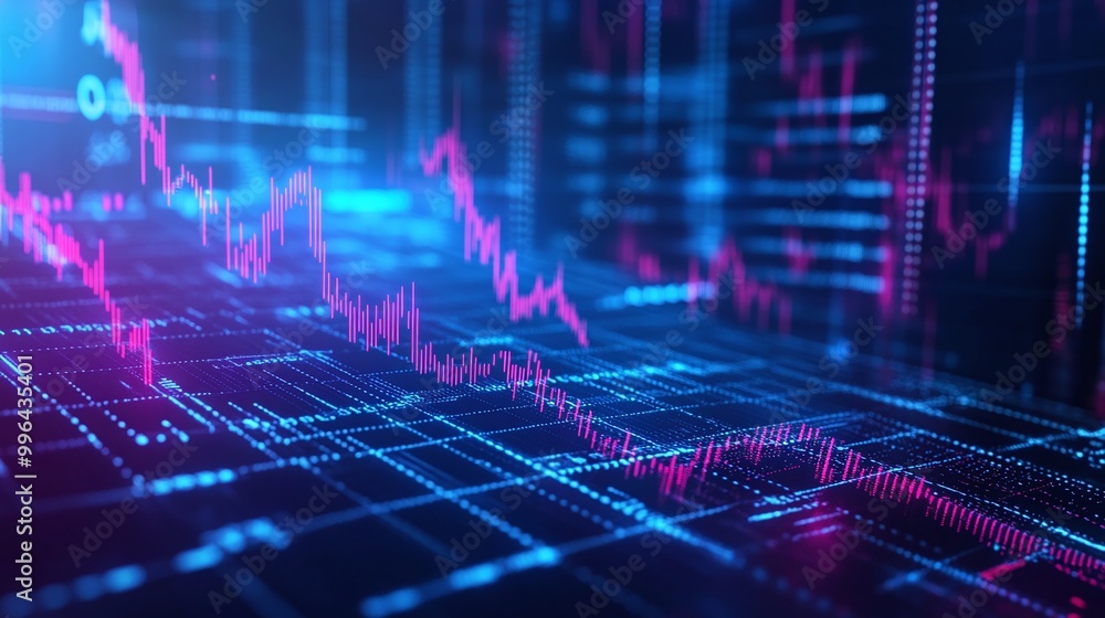 Poster futuristic digital interface displaying data trends and graphs in luminous blue and pink colors.