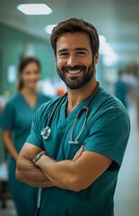 Fototapeta premium Smiling male doctor with a beard in hospital hallway, blurred emergency room and nurses working behind