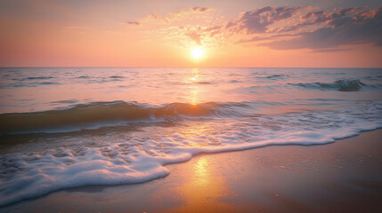 Vibrant Sunset Over the Ocean with Waves Gently Reaching the Shore
