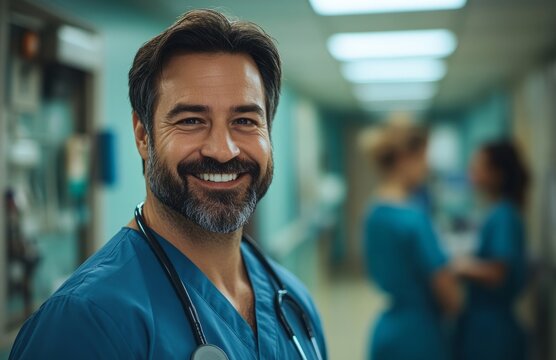 Smiling male doctor with a beard in hospital hallway, blurred emergency room and nurses working behind