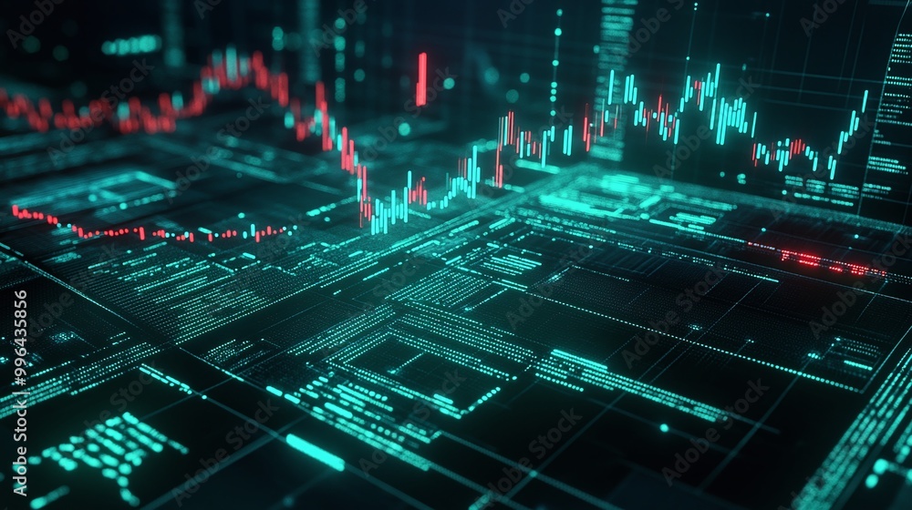 Poster futuristic digital interface with data charts and graphs in bright colors, showcasing advanced techn